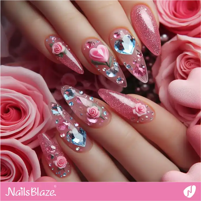 Valentine Flowers and Crystal Hearts Nail Art | Valentine Nails - NB2364